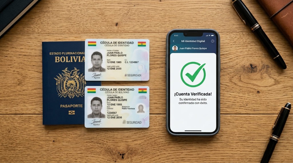 Cédula y pasaporte bolivianos junto a la confirmación de cuenta verificada